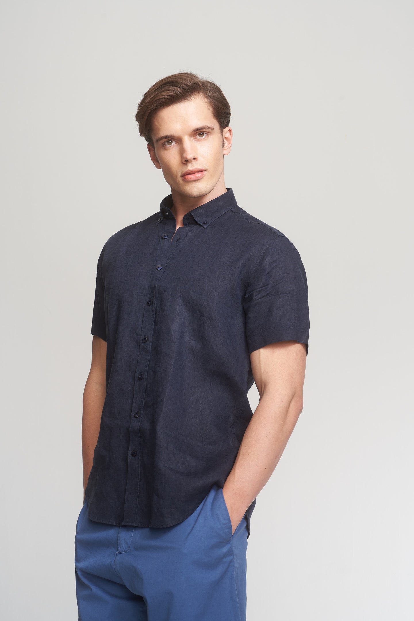 Dark Navy Short Sleeve Linen Shirt